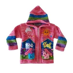 Vintage Made In Peru Knit Hooded Baby Cardigan, Size 0-6 Months